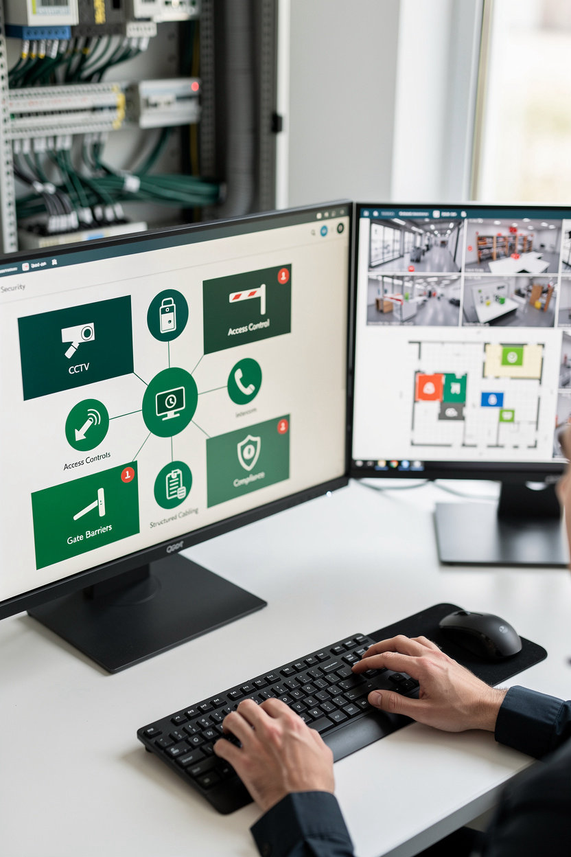 Qsoft Security Services integrated system dashboard showing unified CCTV, access control, and gate barrier management in Doha