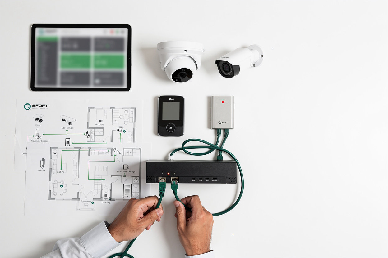 Qsoft Security Services integrated CCTV, access control, and gate barrier systems working together in a modern commercial facility